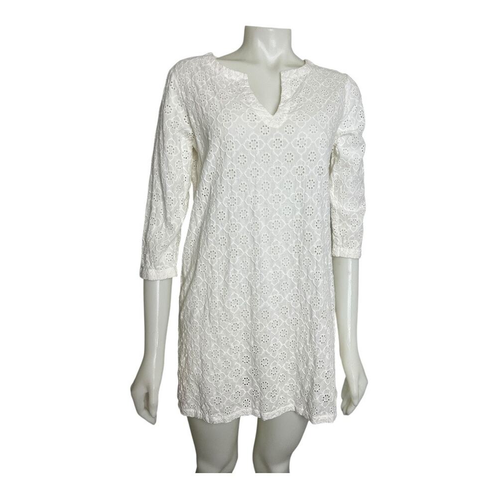 Talbots Eyelet 3/4 Sleeve Tunic Cover-Up Dress White Summer Small S Beach Swim